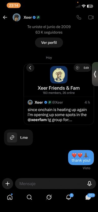 A screenshot of a Telegram chat with 'Xeer' showing a message about heating up again and opening spots in the @xeerfam group, with a reply 'thank you!' featuring heart and praying hands emojis.