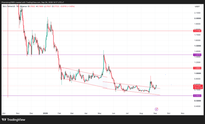 A TradingView candlestick chart for the SUI/TetherUS pair on Binance, showing a bearish trend with prices around 0.77.