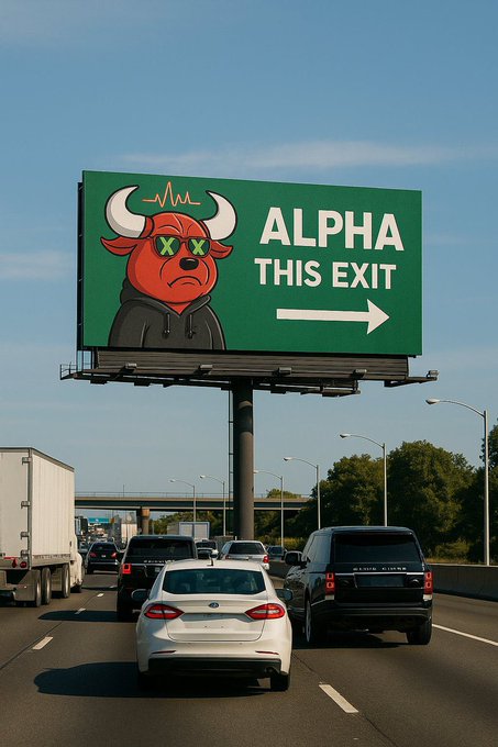 A billboard over a highway reads "ALPHA THIS EXIT" with an arrow pointing right, alongside a cartoon red bull wearing sunglasses and a hoodie. The image ties into the post by using the bull mascot and "alpha" exit signage to promote the BullBearsX NFT collection and its community on solonchain.io.