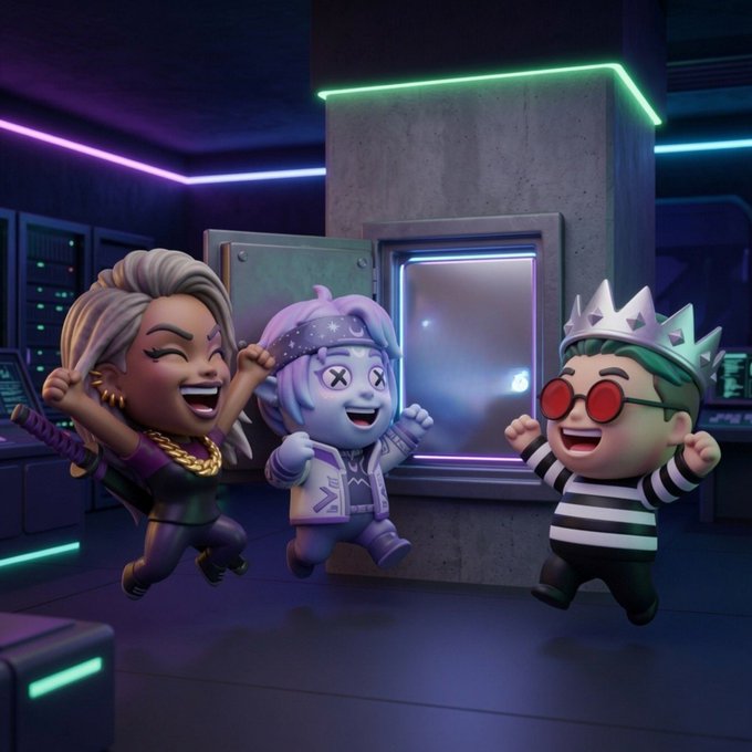 Three animated 3D characters joyfully jump and dance in a neon-lit cyberpunk room, including one with a sword, a purple figure with 'X' eyes, and a character wearing a spiked crown and red sunglasses.