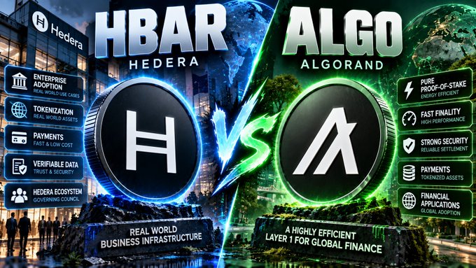 A comparison graphic between HBAR (Hedera) and ALGO (Algorand) cryptocurrencies, highlighting features like enterprise adoption, tokenization, payments, and security for each.
