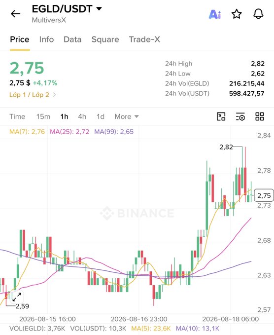 Binance cryptocurrency price chart for EGLD/USDT (MultiversX) showing a price of 2.75 USDT, up 4.17%, with candlestick data, moving averages, and 24h high of 2.82 and low of 2.62.