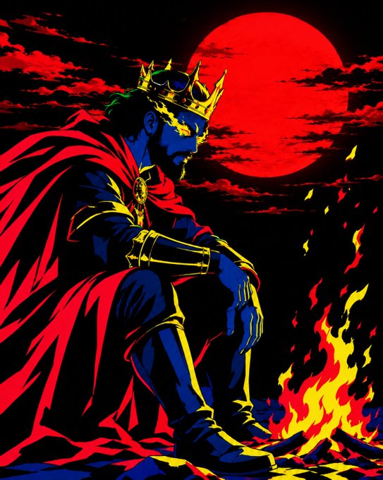 A stylized anime illustration of a crowned figure in red cape sitting by flames under a large red moon.