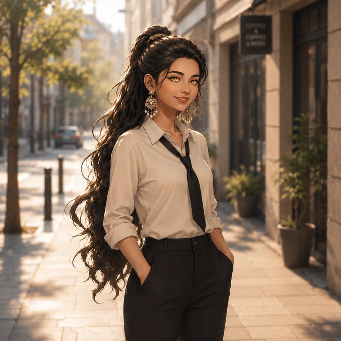 An anime-style illustration of a young woman with long dark hair, wearing a white button-up shirt, black tie, and black pants, standing on a city street.