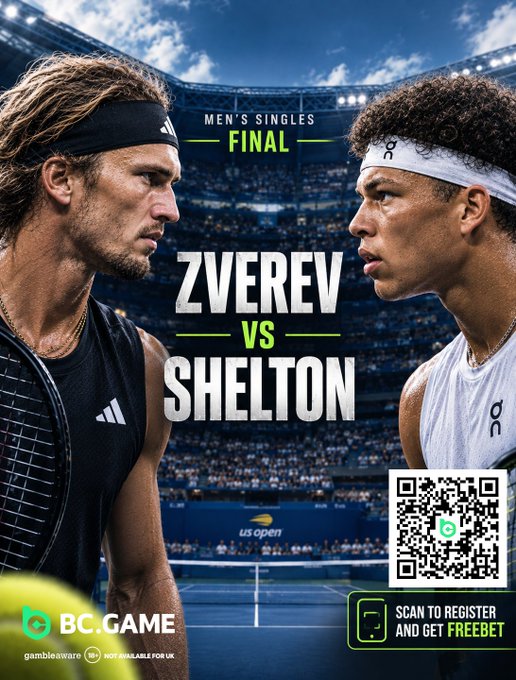 A promotional graphic for 'BC.GAME' advertising a 'MEN'S SINGLES FINAL' tennis match between 'ZVEREV vs SHELTON', featuring a QR code to 'SCAN TO REGISTER AND GET FREEBET'.