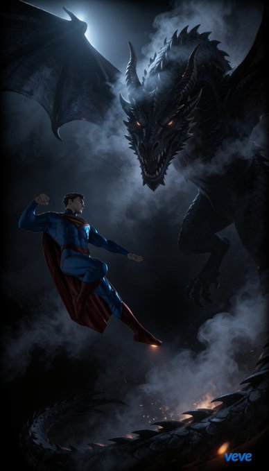 A Superman figure leaps into battle against a massive, smoke-wreathed black dragon with glowing orange eyes in this dramatic fan art piece, with the "VeVe" watermark visible in the bottom right corner. The image ties to the post by showcasing licensed VeVe digital collectibles in an augmented reality composition, capturing the "Face The Impossible" hero theme through this epic confrontation between the iconic DC superhero and a fearsome beast.