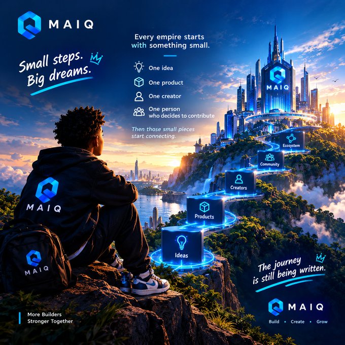 MAIQ branding graphic featuring the tagline 'Small steps. Big dreams.' showing a person overlooking a glowing city with stacked blocks labeled 'Ideas', 'Products', 'Creators', 'Community', and 'Ecosystem', with the text 'Every empire starts with something small' and 'The journey is still being written.'