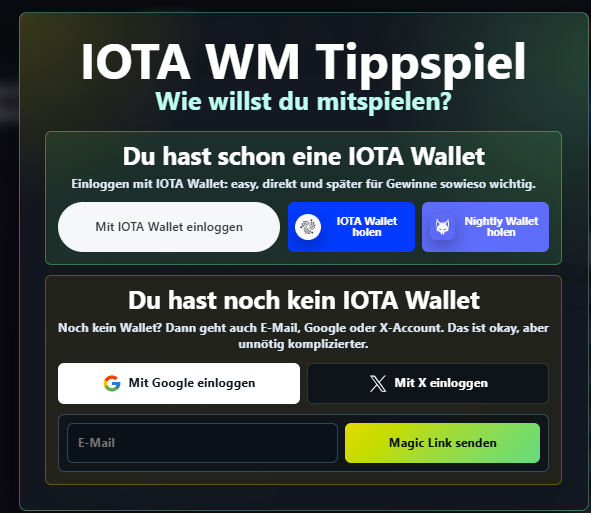 The image features an IOTA wallet page with a focus on the Tippspiel event, which is likely related to Bitcoin. The page is predominantly in German, but there are also English text elements present. The header at the top displays the IOTA WM Tippspiel information and suggests that it is getting closer to the matter.
