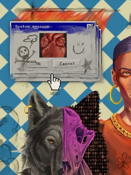 A digital collage artwork features a wolf's head, a face with a hoop earring, a system error dialog box, and a pixelated cursor against a blue and white checkered background.