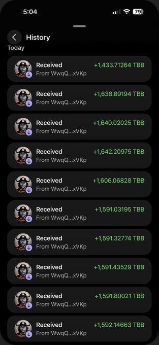 A mobile transaction history screen showing multiple 'Received' TBB transactions, each ranging around +1,400 to +1,600 TBB, all from the address 'WwqQ...xVKp'.