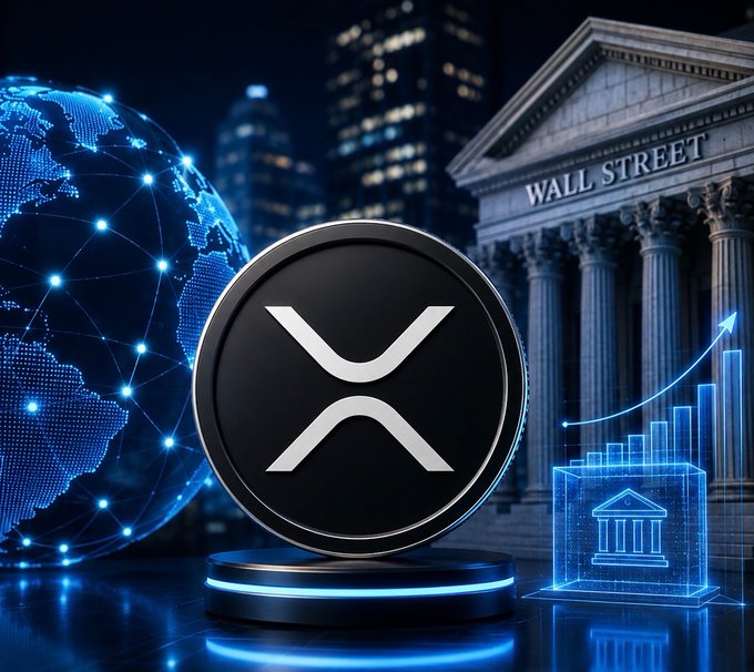 A glowing XRP coin sits on a pedestal in front of a Wall Street bank building, a digital globe, and a rising blue bar graph with an upward arrow, visually reinforcing the post's message that new XRPL amendments are expanding institutional support for tokenized assets.