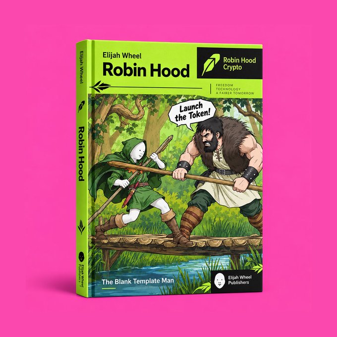 A parody book cover titled "Robin Hood" by Elijah Wheel features cartoon characters fighting on a log, with a speech bubble saying "Launch the Token!" and taglines like "Robin Hood Crypto" and "The Blank Template Man," poking fun at the repetitive pattern of new crypto token launches.
