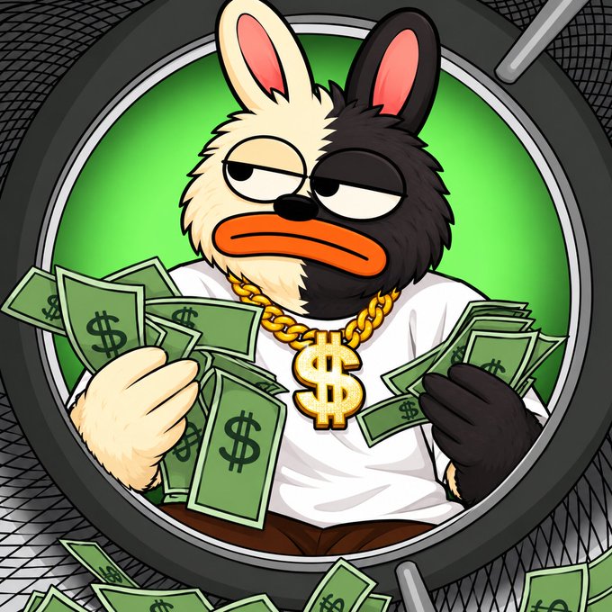 A cartoon rabbit with a split black-and-white face, gold chain with a dollar sign pendant, and stacks of cash looks unimpressed through a vault's circular window. The image's greed-and-scheming imagery contrasts ironically with the airdrop post promising free $BORO tokens to the first 3,333 wallets who share their $SOL address—a classic social media giveaway tactic often used in crypto scams.