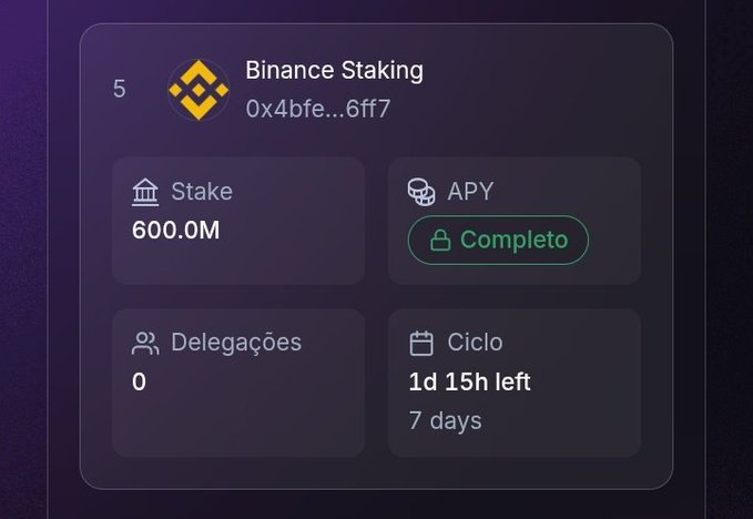 A dashboard card displays "Binance Staking" (address 0x4bfe...6ff7) as the 5th validator, showing 600.0M staked, "Completo" APY status, 0 delegations, and 1 day 15 hours left in a 7-day cycle—confirming Binance's role as a VeChain validator.