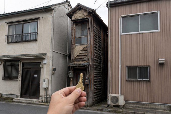 A photograph of an extremely narrow, weathered wooden house squeezed between two modern buildings in Japan, with a hand in the foreground holding a small yellow key-shaped object toward it.