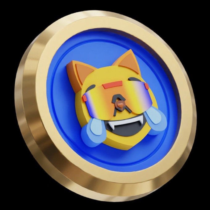 A 3D digital icon featuring a yellow cat-like emoji face crying with blue tears and fangs, set within a gold circular frame on a blue background against black.