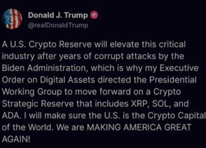 A tweet from Donald J. Trump (@realDonaldTrump) stating that a U.S. Crypto Reserve will elevate the crypto industry after attacks by the Biden Administration, announcing a Crypto Strategic Reserve that includes XRP, SOL, and ADA, declaring "We are MAKING AMERICA GREAT AGAIN!".