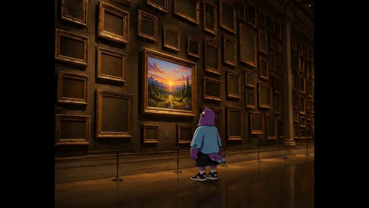 The image features a cartoon character standing in front of a wall filled with framed pictures. The character appears to be looking at an artwork displayed among these frames. The caption for this image reads "Happy friday! The thing I like most about the new Wingston NFT is that it actually does something. A lot of NFT projects start with artwork and try to figure out utility later. Wingston from @RallyOnChain starts with utility from day one. It'S a free mint, but it comes with a".
