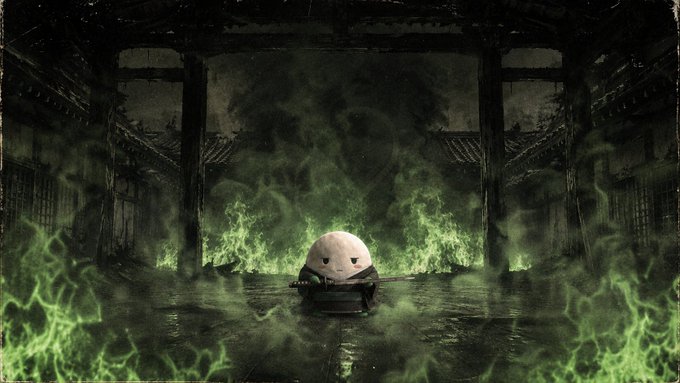 A round, anthropomorphic seal-like creature wearing a suit sits calmly in a bowl at the center of a dark temple, surrounded by eerie green spectral flames, embodying the meditative stillness suggested by the post's message about becoming the "pump" rather than chasing it.