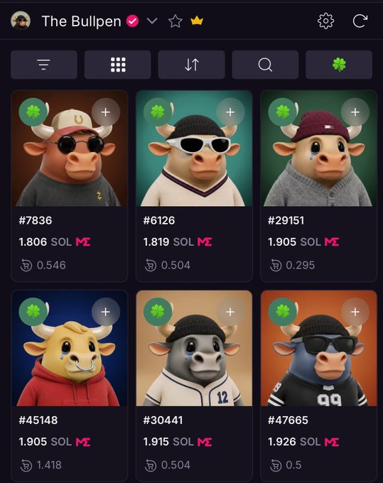 The image displays a collection of "The Bullpen" NFTs priced between 1.806-1.926 SOL, with various bull characters wearing different accessories like hats, sunglasses, and beanies. The post references these NFTs as the next cultural NFT phenomenon comparable to Bored Apes, advising holders not to sell below 100 SOL to emphasize their long-term value.
