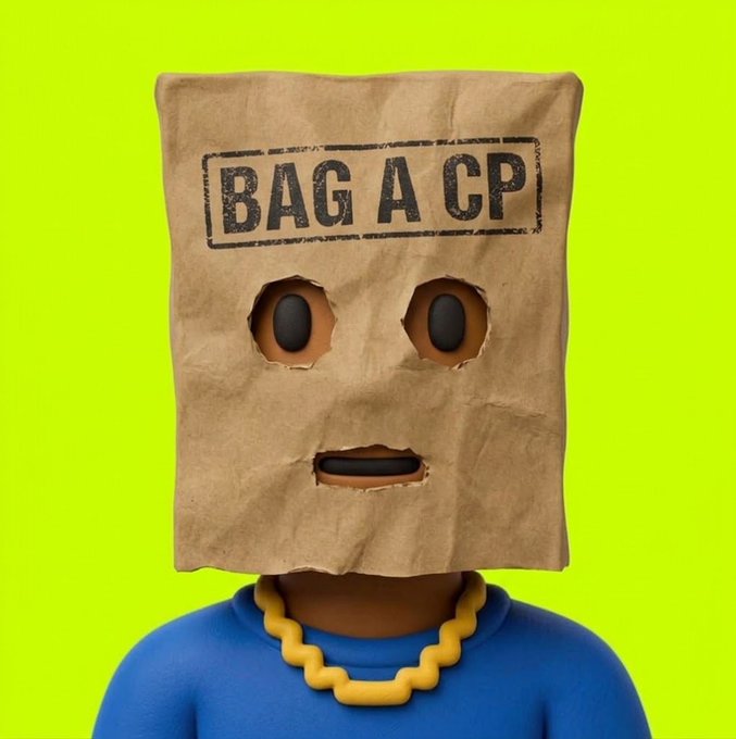 A 3D-rendered character wearing a blue shirt and a thick yellow chain necklace, with a brown paper bag over its head stamped with the black text 'BAG A CP' and simple cutouts for eyes and mouth, set against a bright neon green background.