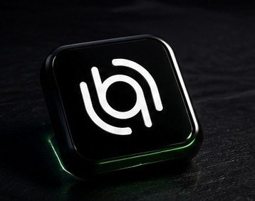 A dark, rounded-square app icon with a white circular logo featuring a stylized 'b' and green glowing edges, set on a dark textured surface.