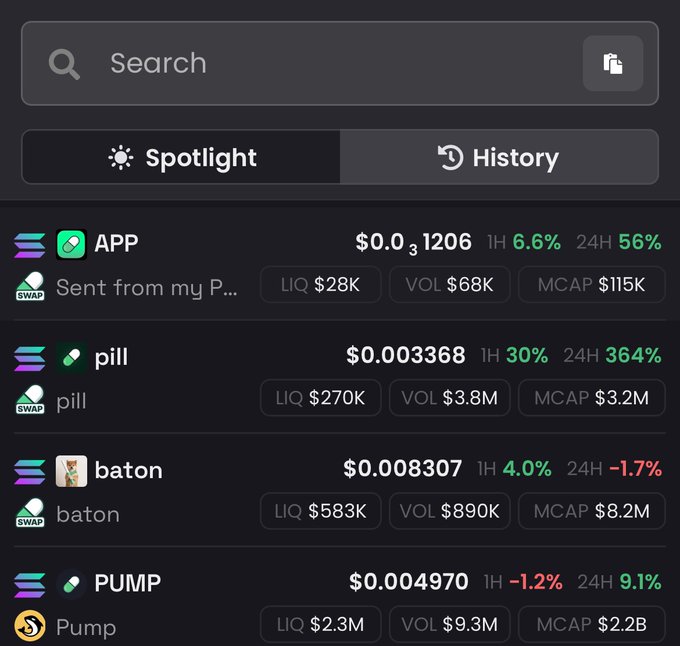 A dark-themed token “Spotlight” screen lists trending swaps including APP ($0.003, 24H +56%), pill ($0.003368, 24H +364%), baton ($0.008307, 24H -1.7%), and PUMP ($0.004970, 24H +9.1%), with liquidity, volume, and market cap figures. This supports the post’s claim that attention is shifting from PUMP to custom pairs such as PILL, while APP is presented as the next potential mover.