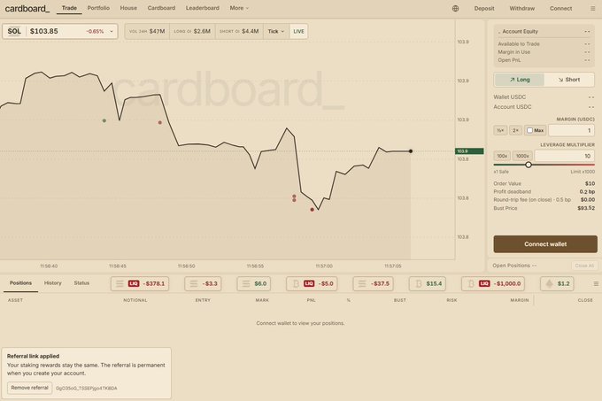 The image shows a trading interface for the SOL (Solana) token at $103.85 on the "cardboard_Trade" platform, displaying price charts, position details, and a "-0.65%" decline, which appears to relate to the post's criticism of Solana's ecosystem culture by showing the token's recent downturn alongside a reference to a "paper" asset being copied by Jupiter and Jito insiders.