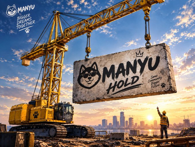 A promotional image for 'MANYU HOLD' featuring a construction crane lifting a stone block with the logo, a Shiba Inu mascot in sunglasses, and a construction worker pointing toward a city skyline at sunset.