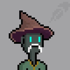 A pixel art character of a witch with glowing blue eyes, a brown hat, and green clothing against a gray background.