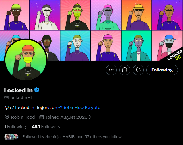 A Twitter/X profile page for 'Locked In' (@LockedinHL) with a verified checkmark, featuring a grid of colorful NFT-style character avatars in the banner, bio stating '7,777 locked in degens on @RobinHoodCrypto', located at RobinHood, joined August 2026, with 1 Following and 495 Followers.