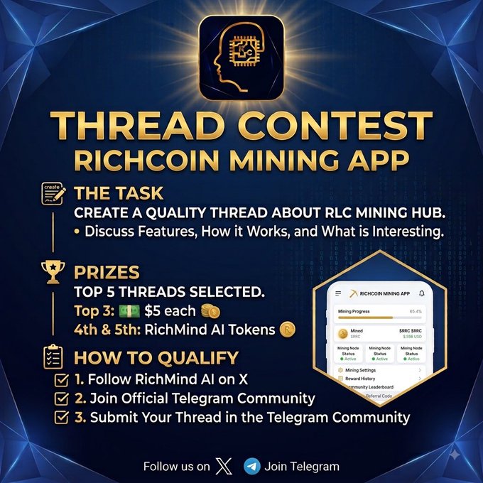 A promotional graphic for a 'THREAD CONTEST RICHCOIN MINING APP' advertising prizes of $5 for top 3 and RichMind AI Tokens for 4th & 5th place, with instructions to follow RichMind AI on X and join their Telegram community.