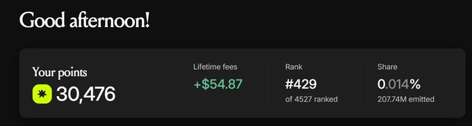 A dashboard greeting reads 'Good afternoon!' showing 'Your points' at 30,476, with lifetime fees of +$54.87, a rank of #429 out of 4527 ranked, and a 0.014% share of 207.74M emitted.
