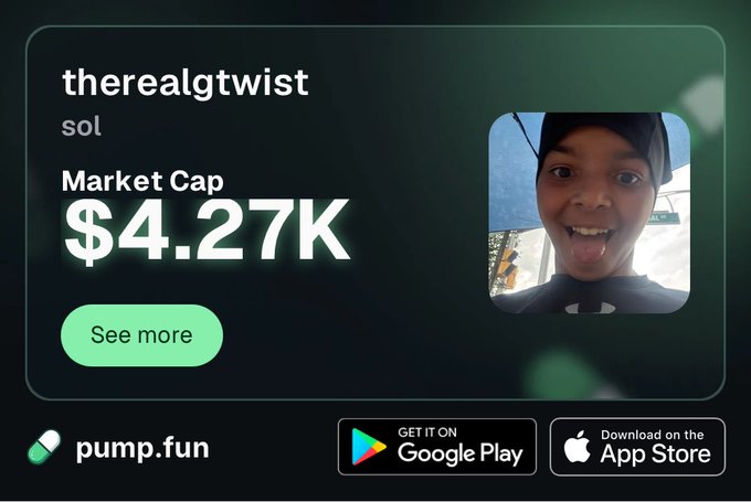 A promotional card for the Solana meme coin "therealtwist" (ticker: sol) on pump.fun shows a market cap of $4.27K alongside a child's selfie. The image ties directly to the accompanying pump.fun link, advertising the token's current valuation on the memecoin launchpad.