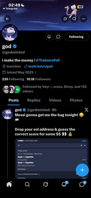 Twitter/X profile screenshot for @godminte d (display name 'god') promoting a betting tweet about the Argentina vs. Spain World Cup match with text "Messi gonna get me the bag tonight" and a link to toshi.bet/r/god.
