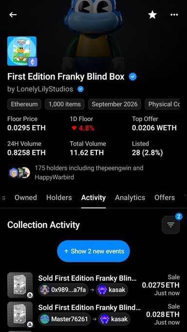 A mobile app screenshot showing an NFT collection called 'First Edition Franky Blind Box' by LonelyLilyStudios, with details including a floor price of 0.0295 ETH, 24H volume of 0.8258 ETH, 175 holders, and recent sale activity.