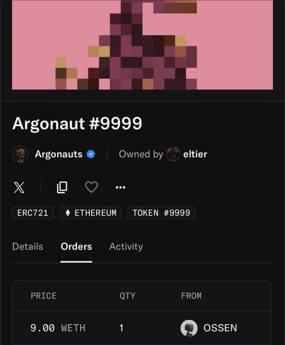 A pixel-art NFT "Argonaut #9999" from the verified "Argonauts" collection is listed for 9.00 WETH, owned by eltiier, reflecting the post's theme that "real collectors collect" through active trading rather than passive holding.