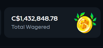 A dark stat card displays "C$1,432,848.78 Total Wagered" alongside a gold coin icon with green leaves, showcasing the user's impressive lifetime wagering amount on Gamdom in response to the post asking others about their wager totals.