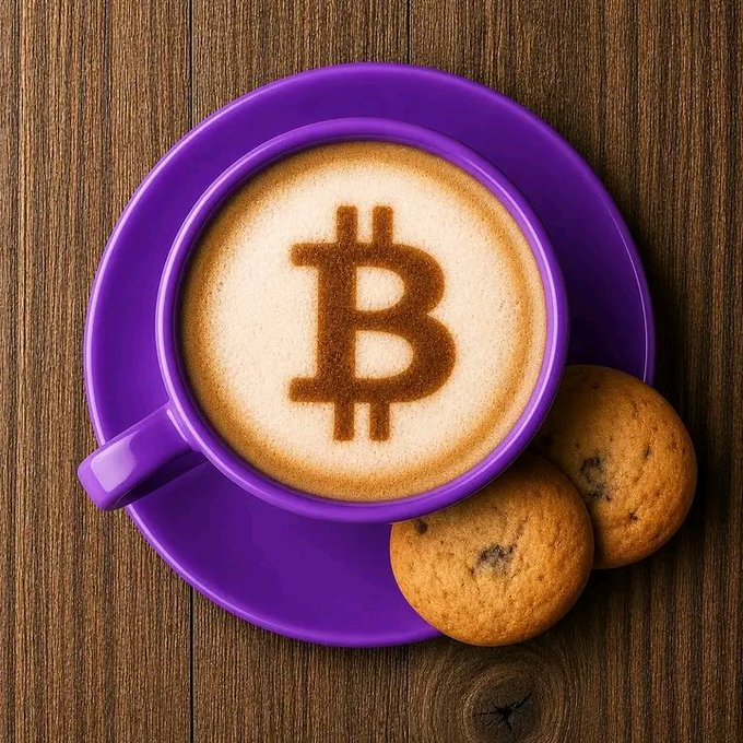 A purple cup of coffee features the Bitcoin "₿" symbol dusted in cocoa on its foam, served with two chocolate chip cookies on a matching saucer atop a wooden table, perfectly complementing the post's cheerful "Gm" greeting and nod to ongoing institutional buying of Bitcoin ETFs.
