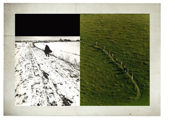 A side-by-side comparison shows two photographs of figures walking along paths—one in a snowy black-and-white winter landscape and the other in a green grassy field.