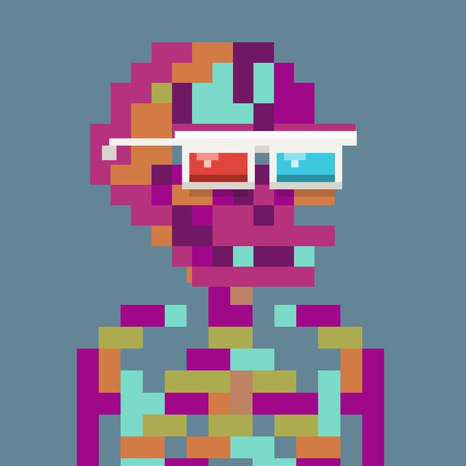 A pixel art portrait of a character with curly hair wearing white shutter-shade sunglasses and a colorful, blocky outfit against a solid gray background.