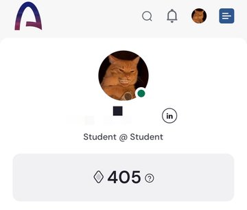 A profile page showing a 'Student @ Student' account with 405 reputation points and a small cat avatar.