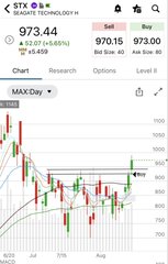 A stock trading app showing STX (likely Constellation Brands) with a current price of 973.44, displaying candlestick chart data on a MAX-Day view.
