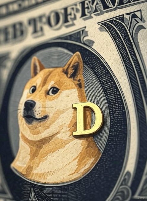 A Shiba Inu dog's face is illustrated within the oval frame of a US one-dollar bill, accompanied by a gold letter 'D'.