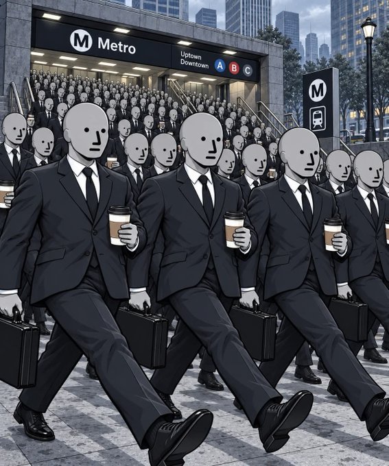 An illustrated scene shows identical masked figures in dark suits carrying briefcases and coffee cups marching in unison out of a Metro station entrance.