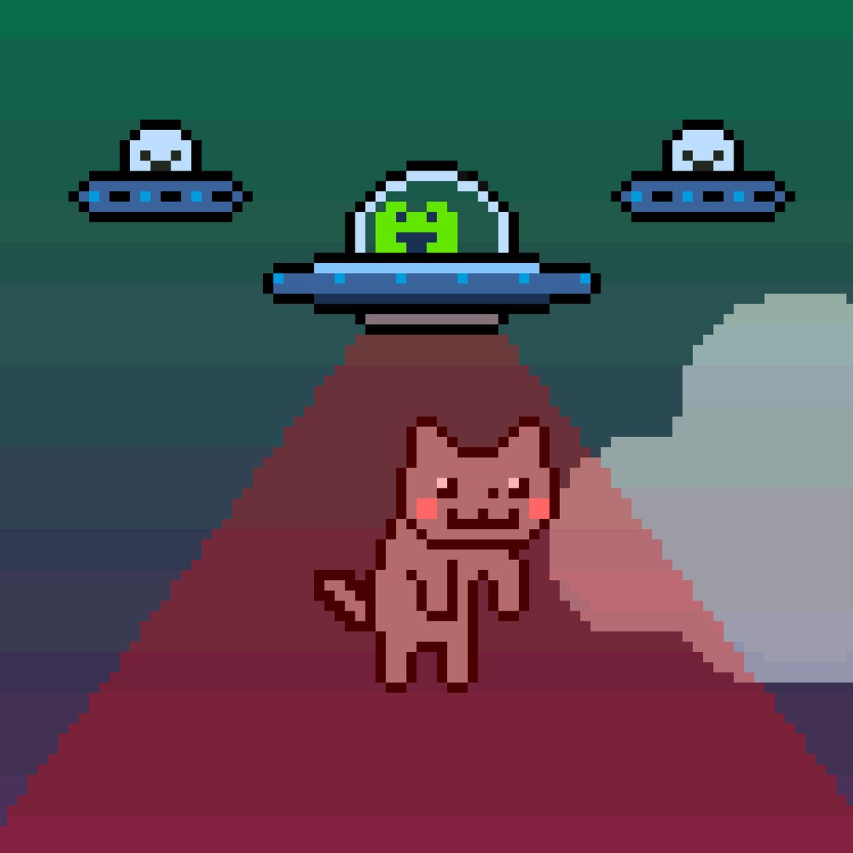 The image features a cartoon cat standing on a red carpet, with three UFOs floating above it. The cat appears to be walking towards one of the UFOs while the other two are flying away from it. The text "UFO Nyan Balloon collected by @aspenshredder for opensea.io/collection/nya ...." is present in the image.
