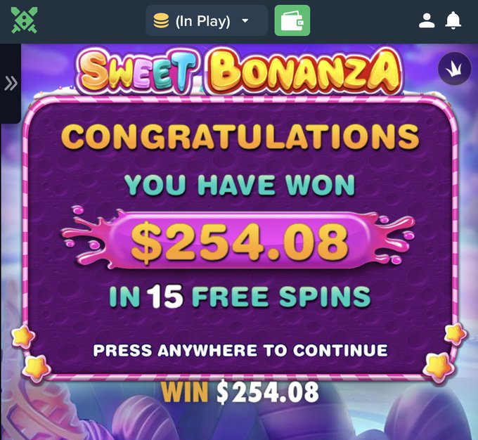 A "Sweet Bonanza" slot game screen displays a "Congratulations" popup announcing a $254.08 win from 15 free spins. The image promotes the Duelbits casino platform and the user @Unemployydd, celebrating the slot game's payout as highlighted in the caption about "instant comeback" wins.