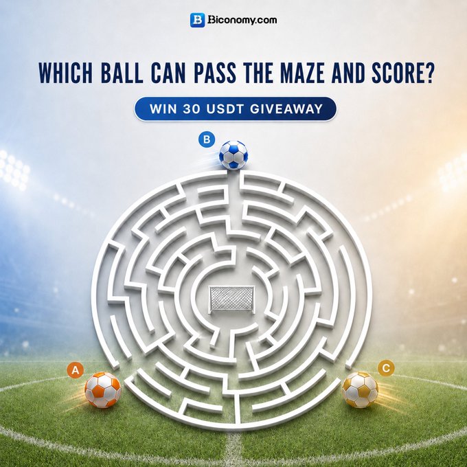 This Biconomy Maze Challenge asks which ball (A, B, or C) can pass the maze to score, with participants having a chance to win 30 USDT. The graphic visually represents the maze challenge with three labeled soccer balls placed at different points around the maze.