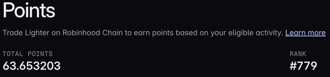 A screenshot of a dark interface displays 'Points' with the text 'Trade Lighter on Robinhood Chain to earn points based on your eligible activity. Learn more', showing 'TOTAL POINTS 63.653203' and 'RANK #779'.