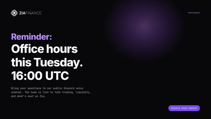 A dark-themed announcement graphic for 'ZIA FINANCE' displaying 'Reminder: Office hours this Tuesday. 16:00 UTC' with a 'Discord voice channel' button.
